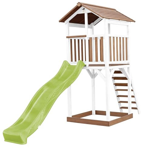 AXI Beach Tower Spielturm aus Holz in Braun & Weiß | Spielhaus für Kinder mit hellgrüner Rutsche und Sandkasten | Stelzenhaus für den Garten