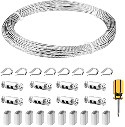 Abimars Cavo acciaio 304 inox 20m, con Manicotti in alluminio, ditali, ideale per piante rampicanti, guida per illuminazione, decorazione per uccelli, cibo, fiori, fai da te