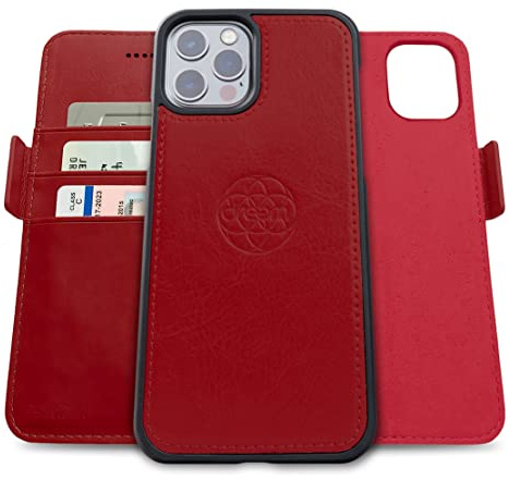 Dreem Vegan Leder Handyhülle für iPhone 13 Pro Max, Magnetisch & Abnehmbar | Integrierter Handyhalter, RFID-blockierende Kartenhülle, Klapphülle, MagSafe-kompatibel, Geschenkbox [Fibonacci: Rot]
