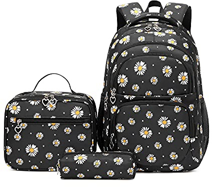 Daisy-Flower Print School Bag Backpack and Lunch Bag Set for Teens Girls Boys Bansusu Bookbag Travel Rucksack
