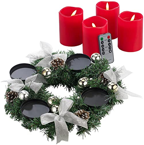 Britesta Advent Deko Kränze: Adventskranz mit silberfarbenem Schmuck, inkl. LED-Kerzen in rot (Adventskränze Weihnachtszeit, Adventskranz ohne Nadeln, Weihnachten)