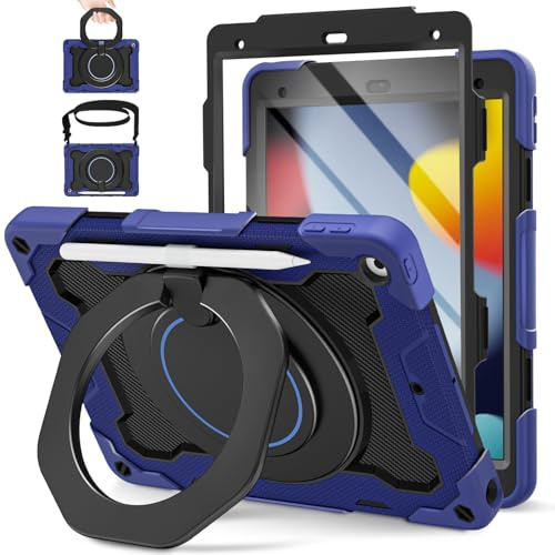 ROISKIN Hülle für iPad 9./8./7. Generation 10.2 Zoll 2021/2020/2019 | mit Displayschutz, 360° Drehbarer Ständer, Stifthalter, Schultergurt, Heavy Duty Stoßfeste Hülle für Kinder, Marineblau