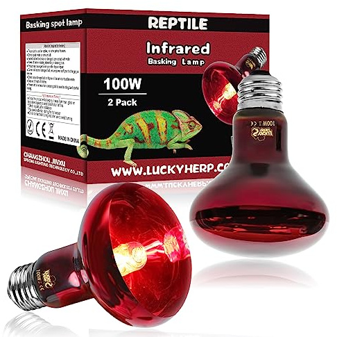 LUCKY HERP Infrared Heat Lamp 100W 2 Pack，Reptile & Amphibian Basking Spot Light Bulbs, Red Heat Lamp Bulbs for Reptiles, Bearded Dragon, Turtle, Lizard, Snake, Chicken