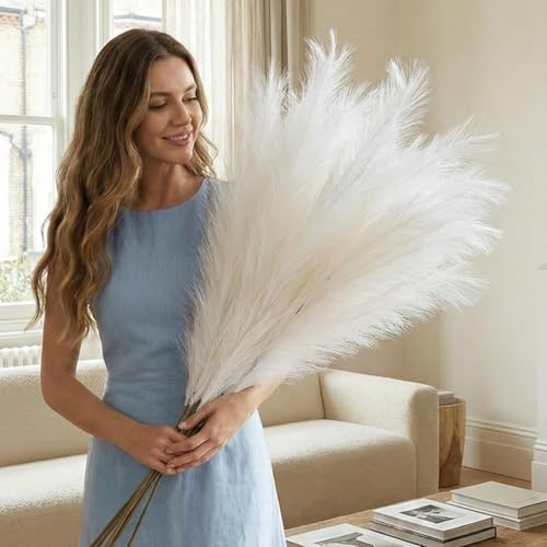 White Artificial Pampas Grass Large 3 Faux Stems x 116cm | Large White Feathers, Fake Plants Pampas Grass Long Stem Artificial Flowers For Tall Vases, Modern Room Decor
