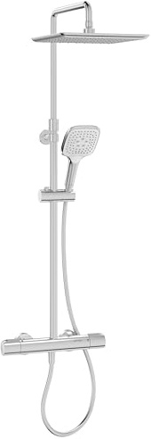 Jacob Delafon Colonne de Douche Thermostatique Emma, Tête 28cm, Chrome | Butée anti-brulure 38°C. Canne réglable. Douchette 3 Jets. Débit 10L/min