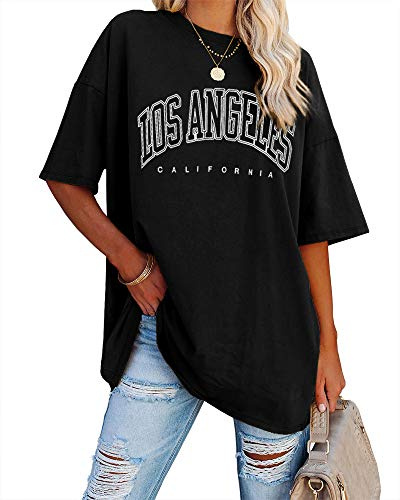 Ebifin Dam-t-shirt rund hals oversize vintage toppar, svart, S