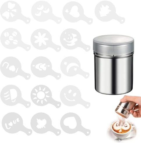 1 Stück Kakaostreuer Edelstahl Pulverstreuer Schokoladenstreuer, Phantasie Kaffee Druck Modell Schaum Spray Kuchen Schablonen Puderzucker Sieb,16 Teile Kaffee Cappuccino Schablonen