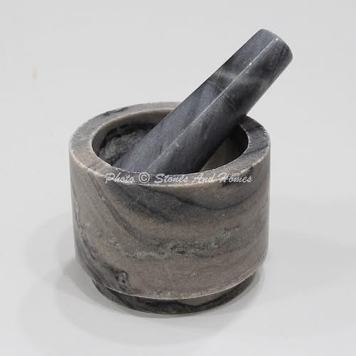 Stones And Homes Juego de mortero y mortero gris indio con cuenco grande de mármol para cocina y hogar, 4 pulgadas, pulido, redondo, decorativo, para medicina, píldoras medicinales (10 x 8 cm)