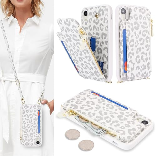 SailorTech Handyhülle für iPhone XR Etui mit Kartenfach, iPhone XR Hülle mit Verstellbarer Halskette, iPhone XR Handytasche mit Reißverschluss Geldbörse - Weißer Leopard