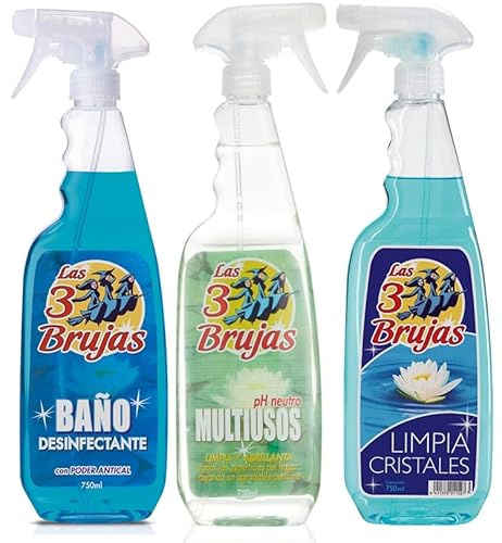 3 Witches Spanish Cleaning Sprays Bundle (3 x 750ml) PH Neutral, Bano Bathroom Disinfectant, Limpa Glass Cleaner