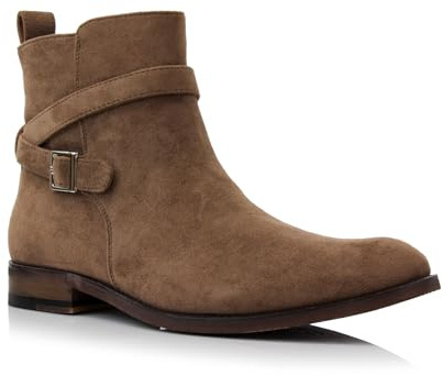 Polar Fox Derrick Men's Jodhpur Style Ankle Boot | Stylish Dress Boot with Buckle Strap and Side Zipper | MPX806077 | in Cognac Brown Suede, Size 7.5