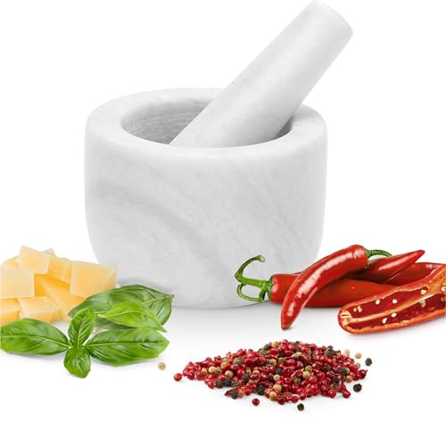 Gourmeo Mortar med mortelstöt set av marmor – 8,5 x 8,5 x H6 cm – 200 ml mortar med mortar liten mortar och pestle för kryddor, salsa pesto– vit