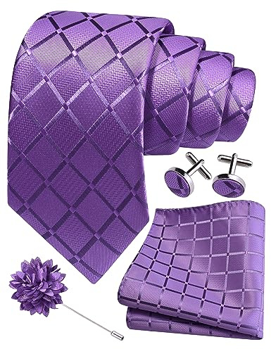 Gusleson Mens Mavue Tie for Wedding Light Purple Plaid Necktie Pocket Square Cufflinks and Lapel Pin Brooch Set (UK6104-08)