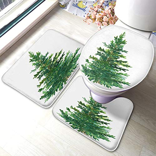 rutschfeste 3 Badteppich Set Weihnachtsbaum Tanne Grün Aquarell Feier Frohe Weihnachten Bade-Matte + Kontur + Wc-Deckelabdeckung Dekorative Langlebige Badgarnitur Badematten, Für Dusche, Spa