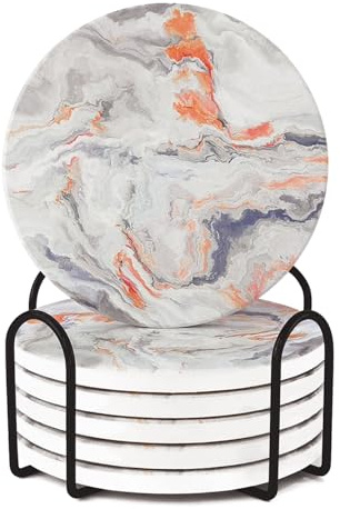 WSRY-Home Ceramic Coasters Set of 6,Drink Coasters with Holder and Cork Base for Mugs Cups and Glasses,Orange Marble Coasters