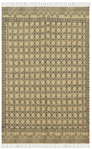 CASAVANI Indischer Kunsthandwerker handbedruckter handgewebter Läufer, 6,3 x 15,2 cm, Kelim-Teppich, natürlicher Jute-Teppich, Schwarz / Beige, geromatische Quaste, Flachgewebe-Teppich, für drinnen