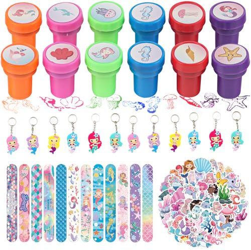 BGNXHYB 86Pcs Meerjungfrau Party Mitgebsel Set, Mermaid Stempel Schlüsselanhänger Schnapparmband Aufkleber, Kindergeburtstag Give Aways, Geburtstag Deko für Mädchen Jungen Party Gastgeschenke