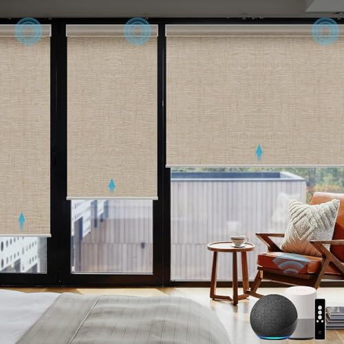 SmartWings Elektrisches Rollo mit Fernbedingung, Smart Rollo Innen 100% Verdunkelung, Kompatibel mit Alexa, Google Home, Homekit, Benutzerdefinierte Größe,Leinen Karamell