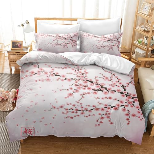 CXYXHW Set Biancheria da Letto Cherry Blossom, Copripiumino Giapponese Sakura, Set Copripiumino in Microfibra Stile Pittura a Inchiostro 3 Pezzi per Bambini, Copripiumini con 2 Federe (Cherry Blossom