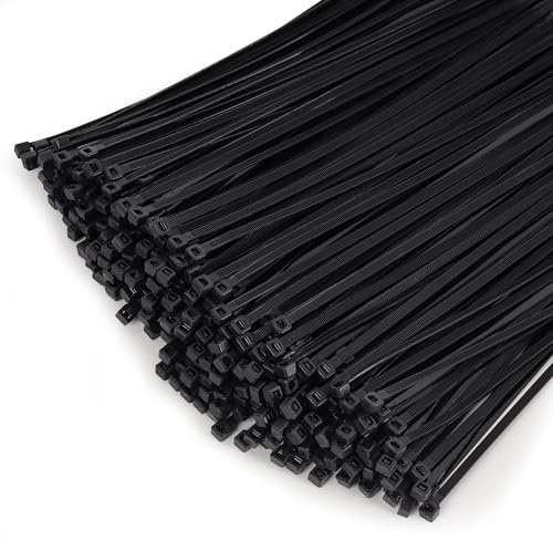 DUNSOO 500 Pack Black Cable Ties, 300mm x 4.8mm Premium Nylon Zip Ties, Heavy Duty Tie Wraps for Wire Management, Home, Garden, Office and DIY