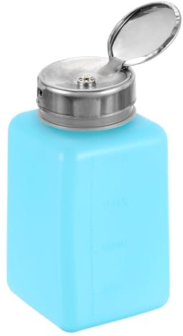 sourcing map Solvent Alcohol Dispenser 200ml(6.8oz) Nail Polish Remover Push Down Liquid Dispenser Pump Bottle with Stainless Steel Press Head for Acetone Solution, Blue
