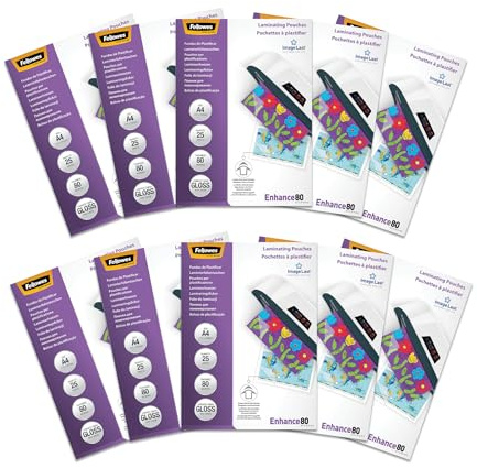 Fellowes Laminierfolien A4 ImageLast, 250 Stück (25pk x 10), 80 Mikron (2 x 80 Mikron), transparent mit Ausrichtungshilfe. Ideal für Fotos und Informationshinweise mit optimalem Kontrast