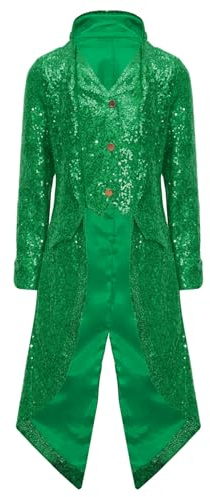 YEAHDOR Giacca Frac da Bambino Ragazzo Cappotto Manica Lunga con Paillettes Glitterati Blazer Giacche in Stile Steampunk e Vittoriano Abbigliamento Medievale Verde 13-14 anni