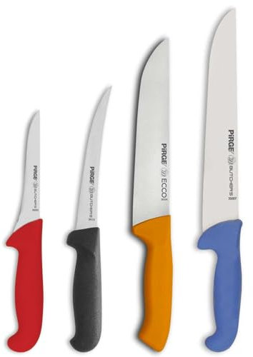 Pirge Metzgermesser Set 4 TLG Schlachtermesser - Fleischermesser - Stechmesser - Exzellenter Schärfe Ausbeinmesser - Edelstahl Profi Küchenmesser - Ergonomisches Kunststoff Griffdesign