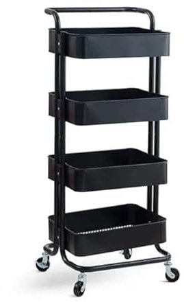 Metal Trolley on Wheels | Storage Shelves | Makeup Storage | Cleaning Trolley | Shelves Unit | Utility Cart | Cleaning Caddy | Metal Rolling Cart (4-Tier Black)