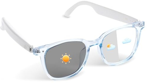Occhiali intelligenti da donna, occhiali Bluetooth con lenti fotocromatiche, controllo touch, assistente vocale per suono chiaro e fotografia remota, montatura blu e asta bianca, perfetto per interni