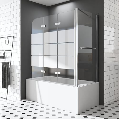 Duschwand für Badewannen 75 x 120 x 140 cm 3-teilig Duschwand für Badewannen Milchglas Streife mit Seitenwand faltbar Duschabtrennung für Wanne 6mm ESG Sicherheitsglas NANO Glas