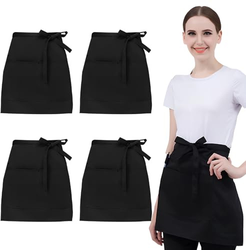 Hnonoxy 4 Stück Vorbinder Schürze, 58 x 43cm Küchenschürze mit 2 Taschen, Kurz Koch Schürzen, Kellnerschürze Grillschürze Baristaschürze Taillenschürze für Herren Damen, Schwarz