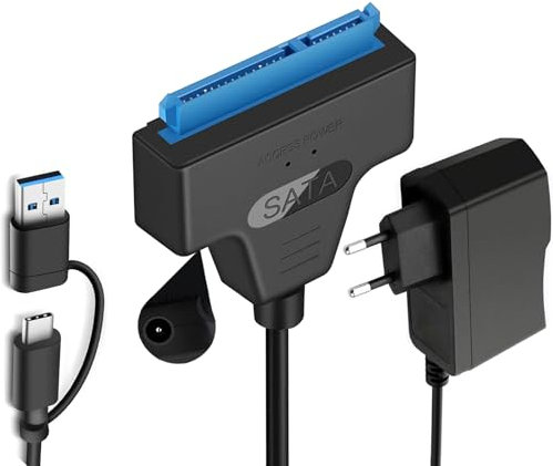 GERUI Adattatore SATA USB, SATA a USB, compatibile con hard disk esterni e interni, SSD/HDD 2,5 3,5 pollici, compatibile con alimentatore di rete da 12 V 2 A, compatibile con Windows, Mac e Linux