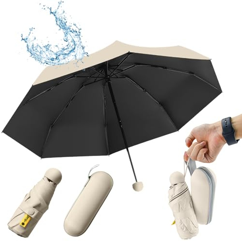 UHETLET Beige Kompakter Regenschirm Sturmfest mit 8 Rippen Taschenschirm Mini Umbrella Pocket Taschenschirme Faltender UV-Regenschirm Minischirm Leicht Mini Schirm Damen Perfekt für Handtasche