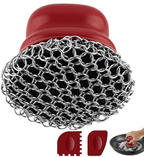 Rascador para sartenes de Hierro Fundido, Limpiador de ollas con 2 rascadores, Cepillo de Limpieza de Malla metálica para Platos, ollas, sartenes, planchas, Parrillas (Rojo,Platos Grandes)