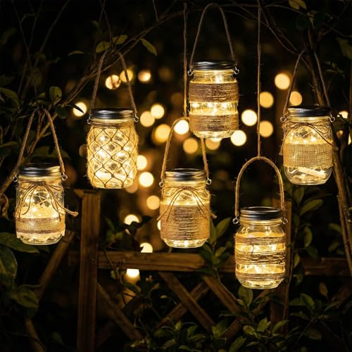Ninehaoou 6 Pcs 5 Inch Small Hanging Mason Nautical Jar with 6 Pcs LED Fairy Lights Handles and Lids Decorative Glass Bottles Rope Net Glass Vase for Home Balcony Garden Patio Yard Wedding Decor