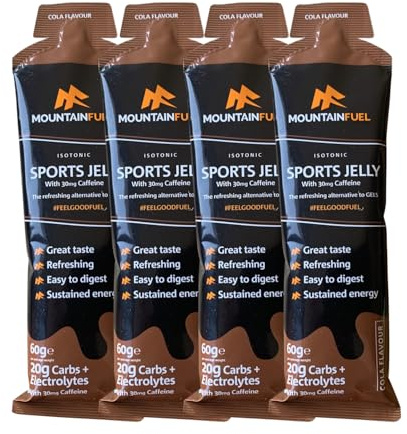 Mountain Fuel Sports Jelly Hydrogel Energy Gel Pouch - 20g of Carbs & Electrolytes - Mineral-Rich Hydration Boost - Vegan, Gluten-Free Performance Fuel - 4 Pack (4 Pack, Cola (with Caffeine))