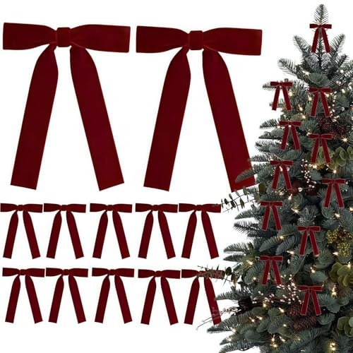 THXFUNAREA 12 Fiocchi di Velluto Bordeaux per Albero di Natale – Nastro 2,5 cm, Fiocchi Velluto per Decorazioni Natalizie Albero e Casa