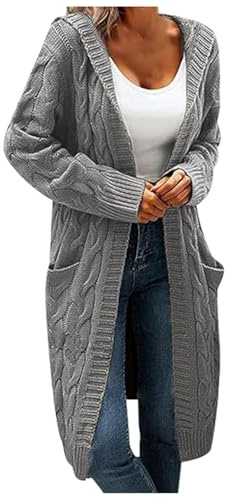 Generisch Strickjacken Für Damen, Strickjacke Damen Herbst - Lang Cardigan Mit Kapuze Zopfmuster Winter Strick Strickweste Dicke Strickpullover Wolljacke Oversize Sweater Grobstrick Strickmantel