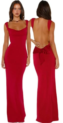 JYIXXZX Vestito Lungo Donna Sexy Maxi Abito Senza Schienale Aderente Vestito da Cerimonia Senza Maniche con Fiocco Vestiti Estate Tinta Unita Bodycon Abito da Sera per Party Cocktail Festa Discoteca