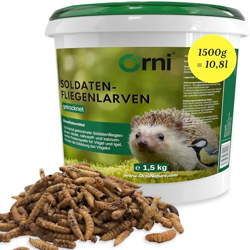 Orni Soldatenfliegenlarven getrocknet 1,5kg, Insektenfutter für Wildvögel | Igel, Fische, Reptilien & Eichhörnchen – eiweißreich, artgerechte Mehlwurm-Alternative, ohne Zusatzstoffe