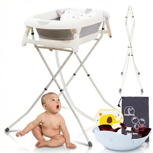 JIRAFFITY | Baignoire pliable bebe sur pied – avec support stable, coussin ergonomique, bouchon thermosensible et accessoires – baignoire pliable bébé sur pied pour nourrissons et enfants 0–3 ans