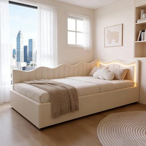 BRILVERDE Einzelbett 90x200 mit Stauraum, Polsterbett mit LED, Bettgestell mit kopfteil und Lattenrost, Bettrahmen für Jugendliche, Teddy-Samt (Beige, 90 x 200 cm)