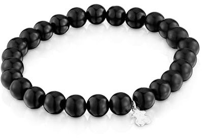 TOUS Pulsera Elástica Negra de Azabache con Motivo de Oso en Plata de Primera Ley para Mujer, 16.5cm de Largo, Colección Basics