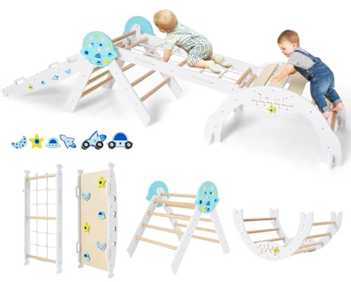 COSTWAY 8 en 1 Triangle d'escalade Enfant Pliable sur Thème Planètes avec Rampe & Bascule, Arc d'escalade Montessori en Bois Hêtre avec 2 Voitures & Labyrinthe, Aire de Jeux Intérieur pour 1 an+