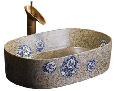 Vasque a Poser Lavabo ovale en céramique for salle de bain, balcon, extérieur, style rétro (accessoires inclus) Lavabo