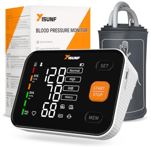 YISUNF Tensiómetro de Brazo Digital Automático para Uso Doméstico, Monitor de Presión Arterial y Frecuencia Cardíaca con Pantalla LED, 2×120 Registros, USB-C y Manguito Ajustable 22–42 cm