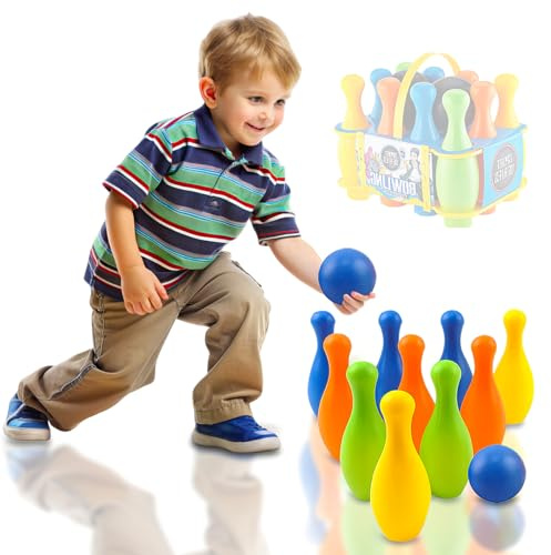Coolbitz 21CM Kids Bowling Set - 10-Pin Indoor and Outdoor Skittle Set with 2 Balls - Colourful Lightweight Plastic Bowling Toy for Toddlers and Children - Fun Skill-Building Playset for Ages 3+ Years