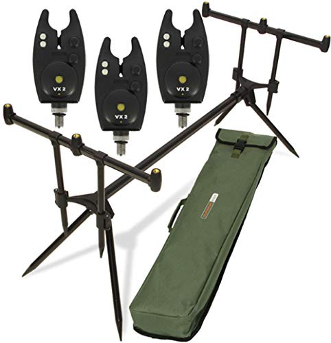 G8DS® Set Rod Pod Rutenhalter + Tragetasche inklusive 3 Bissanzeiger mit Lautstärkeregler für + LED Karpfen Angeln