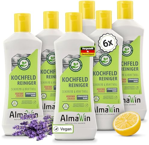 AlmaWin® Kochfeld Reiniger [6x 250ml] für die kraftvolle Ceranfeld-Reinigung - Glaskeramik Reiniger mit Lavendel-Zitronen-Duft - Herdreiniger für Ceranfeld, Induktionskochfeld, Glaskeramik - VEGAN